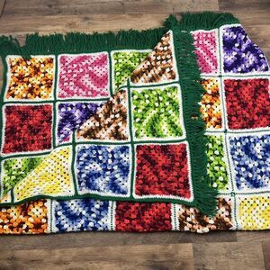 Handmade Crocheted ‎ Multi-colored AfghanThrow Blanket 48x76" Fringe